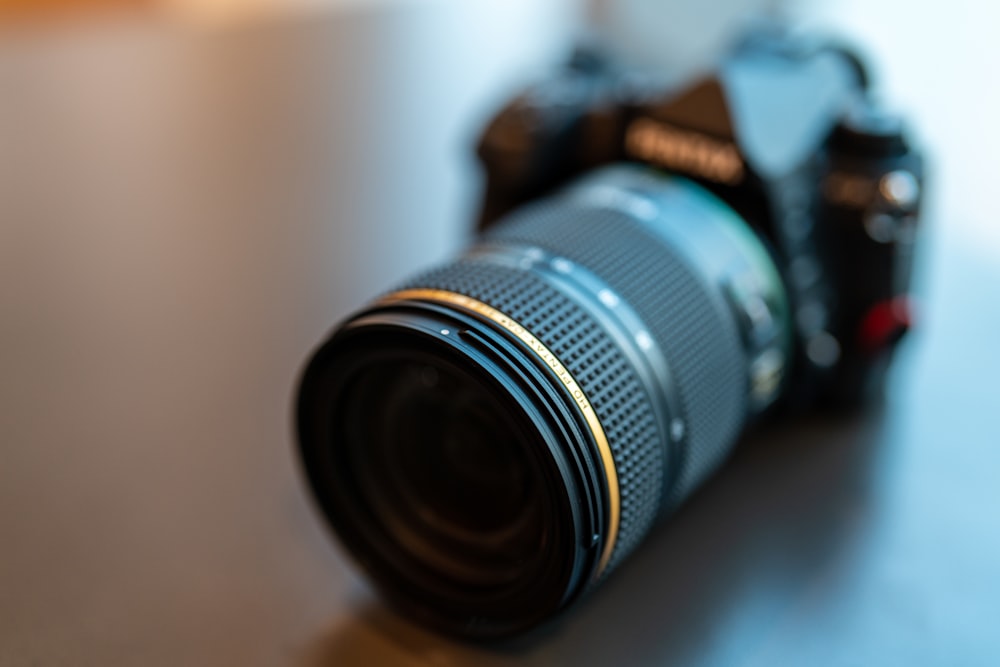 a close up of a camera on a table