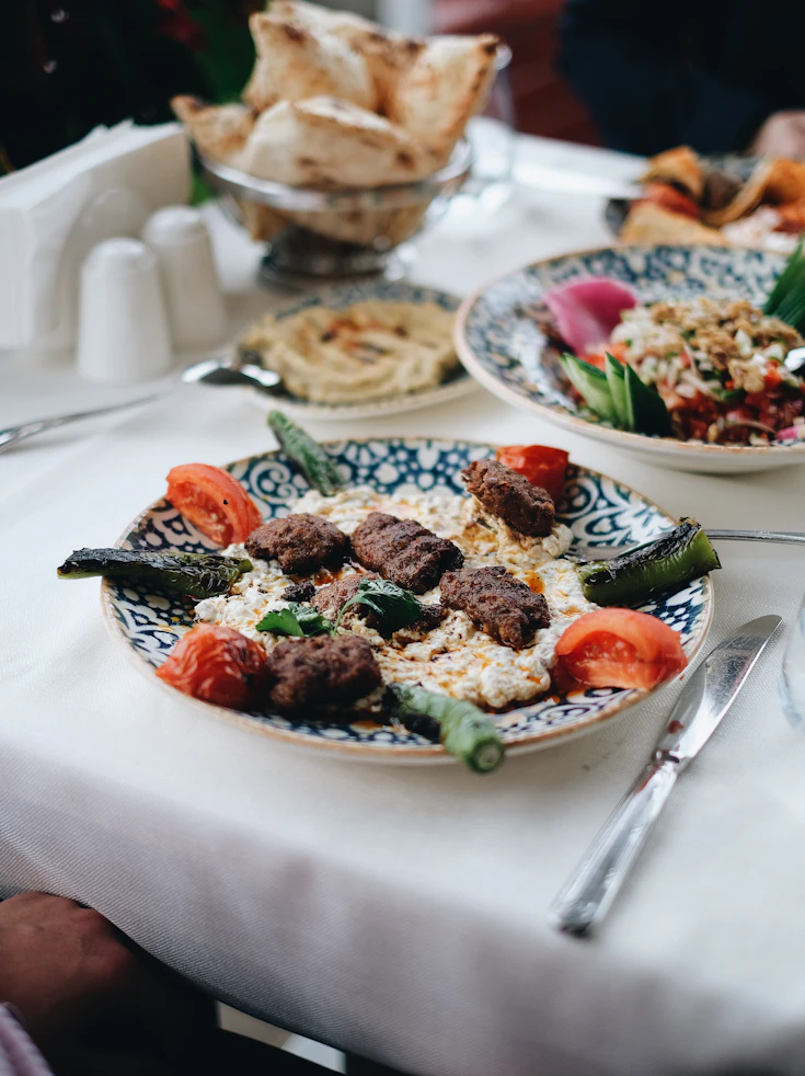 Traditional Turkish meze dishes and fresh bread