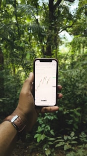 A hand holding a smartphone displaying a stock market chart in the foreground, set against a lush, green forest background. The hand wears a brown leather watch, and the dense foliage creates a natural, serene setting.