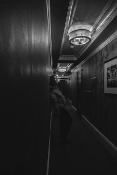A dimly lit hallway with tasteful artwork and subtle shadows.