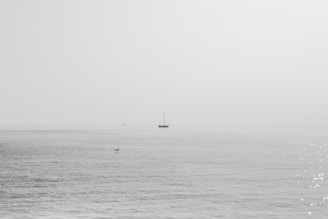 Minimalist image of a calm sea horizon with a solitary yacht silhouette in soft light.