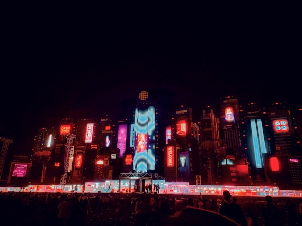 A vibrant neon-lit digital cityscape with glowing purple and blue gradients symbolizing futuristic marketing.