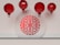 Red Chinese lanterns are suspended above a shelf with a circular white plaque displaying a traditional red Chinese symbol.