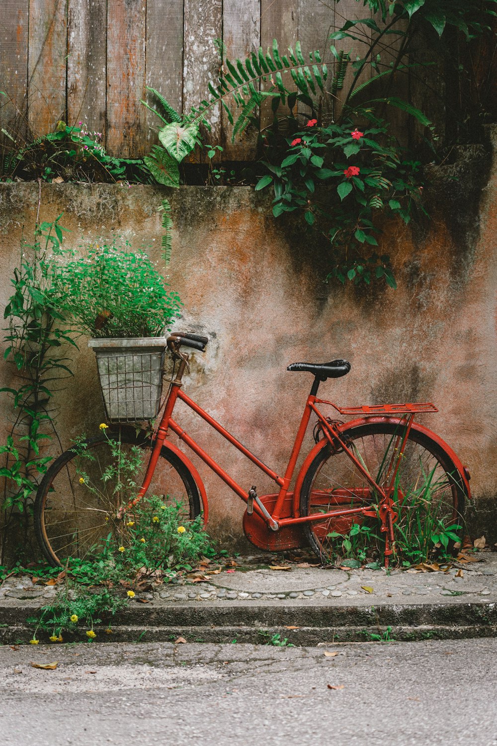 a red bicycle parked next to a wall