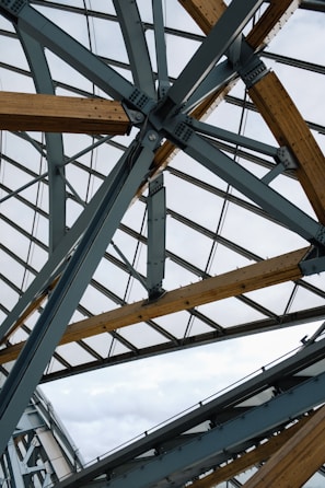A complex architectural structure featuring intersecting metal beams and wooden accents. The framework is overlaid with large glass panels, allowing natural light to filter through.