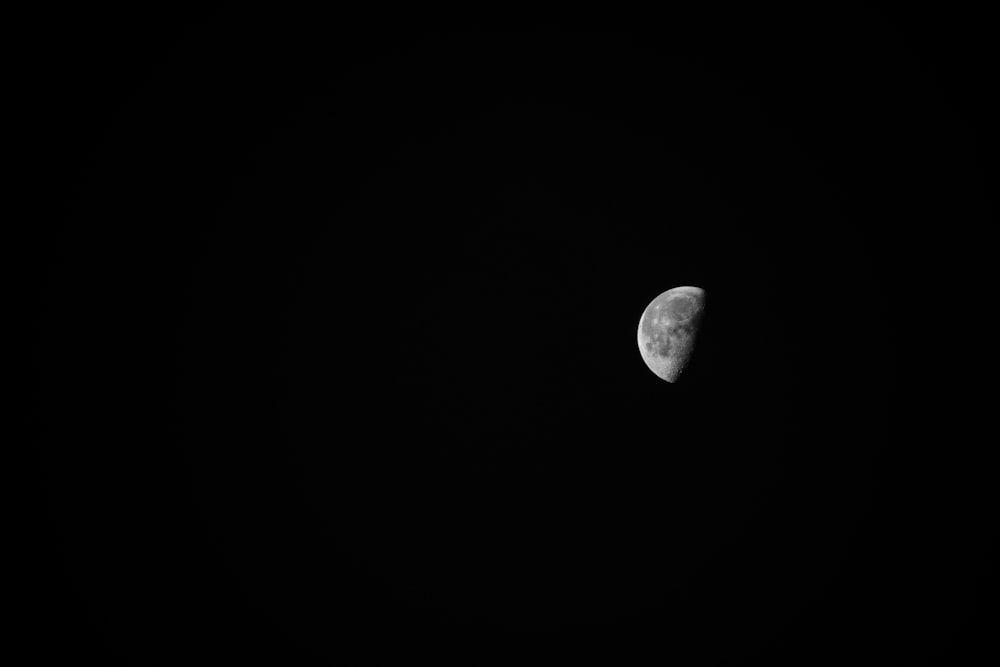 a half moon is seen in the dark sky