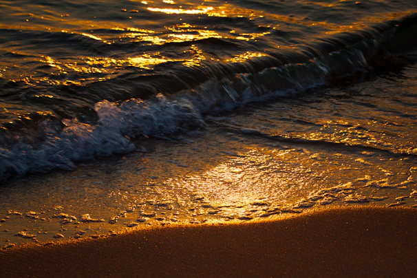 Sunlight gently kissing the calm waves along a pristine sandy shore at dawn.