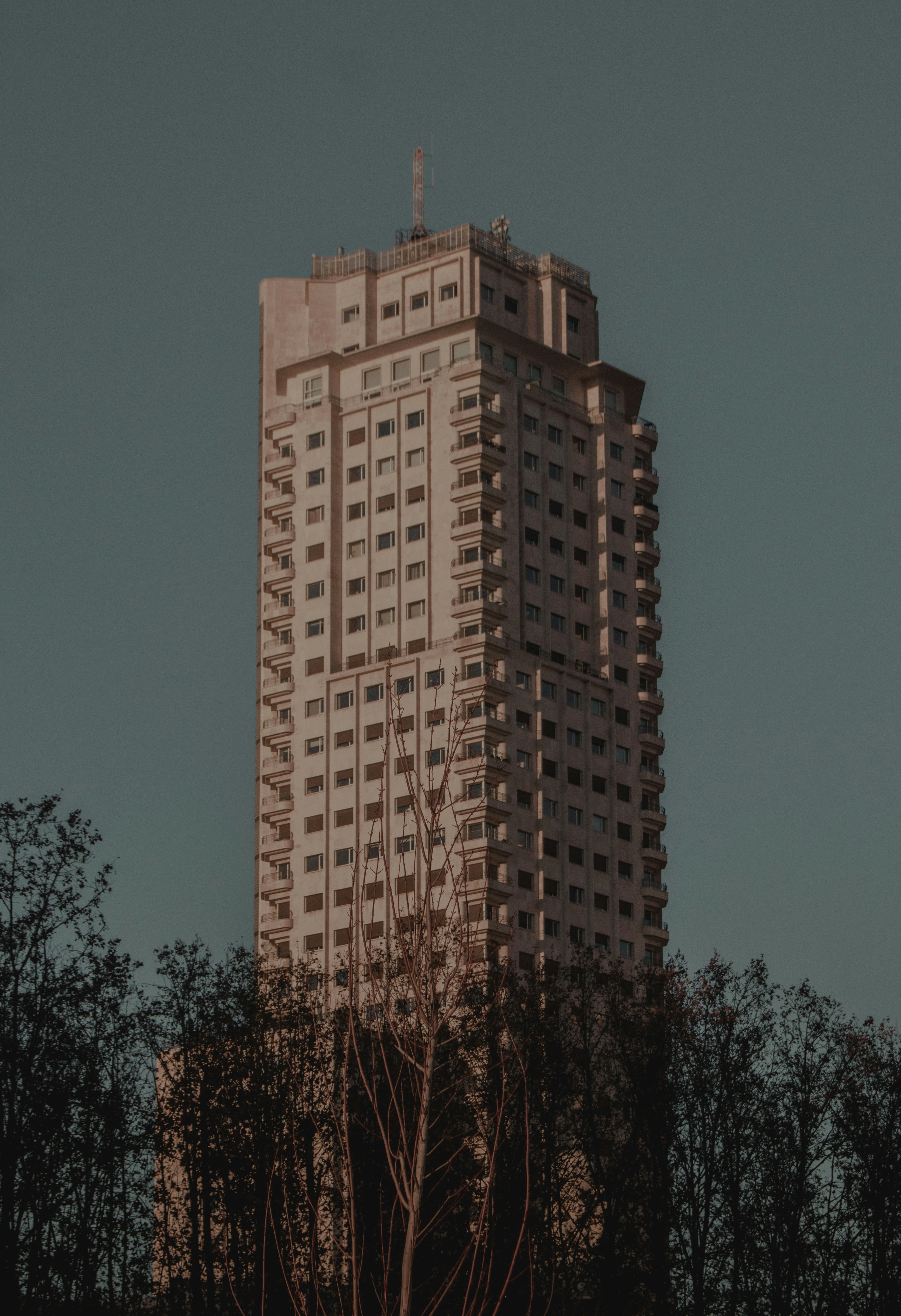 a tall building with trees in front of it