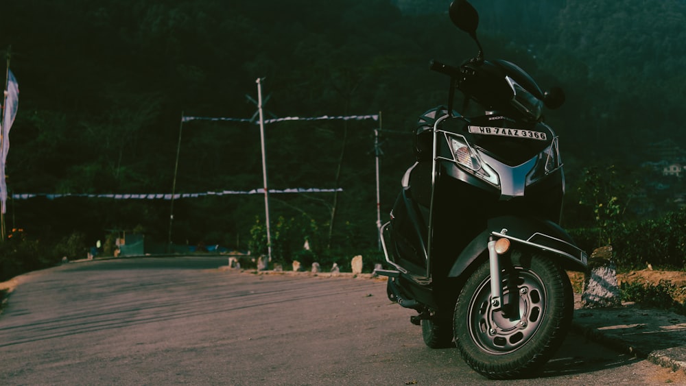 a motorcycle parked on the side of a road