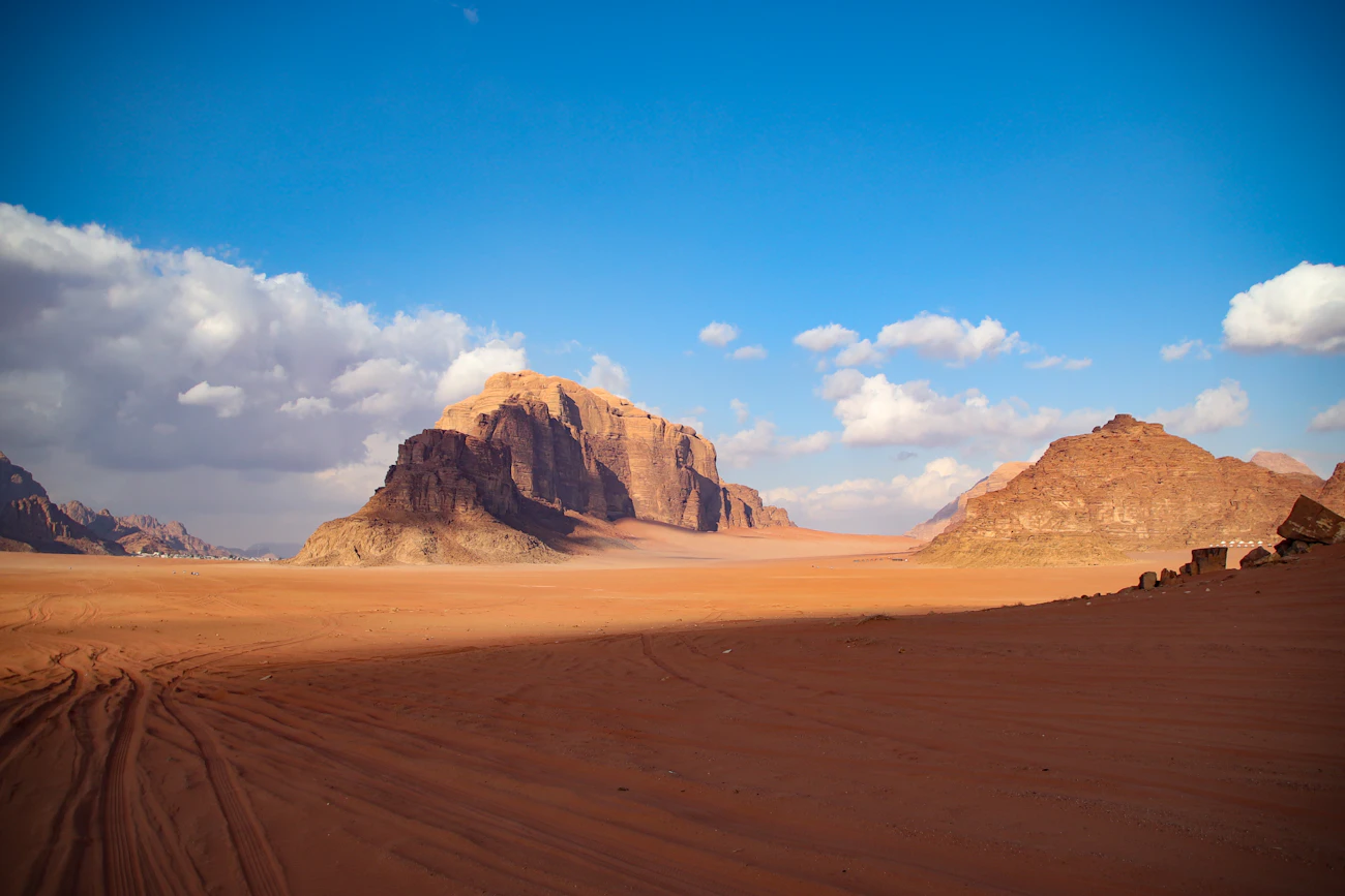 Sandstone mountains and desert in Wadi Rum Jordan