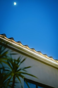 A portion of a house roof with decorative lighting at twilight. The sky is clear, displaying a bright moon, and there are some blurred palm leaves in the foreground.
