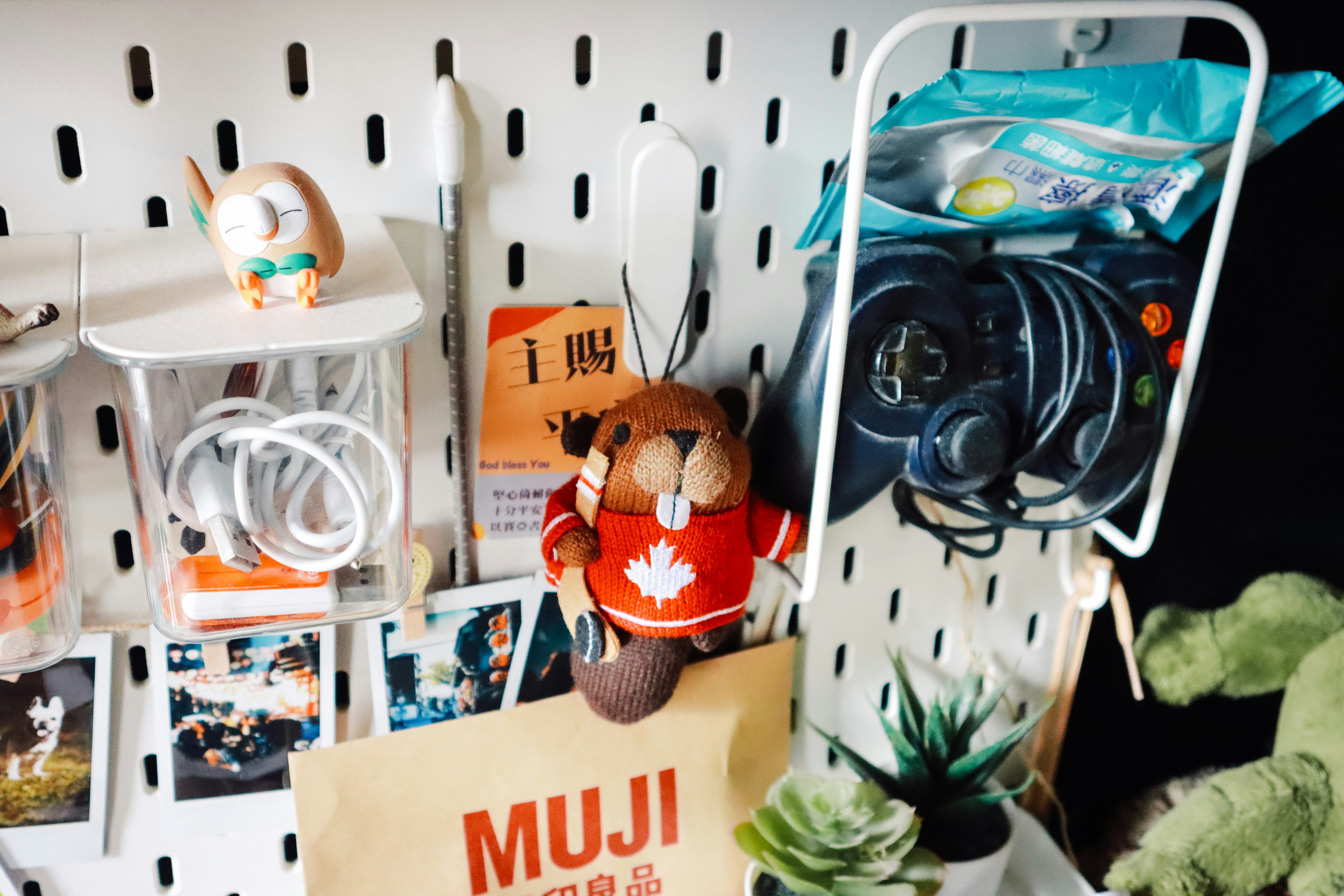 a stuffed animal is hanging on a rack
