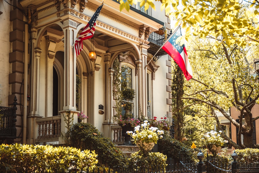 a building with a flag on the front of it