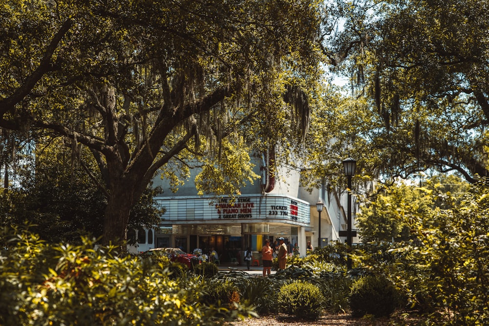 a movie theater surrounded by trees and bushes