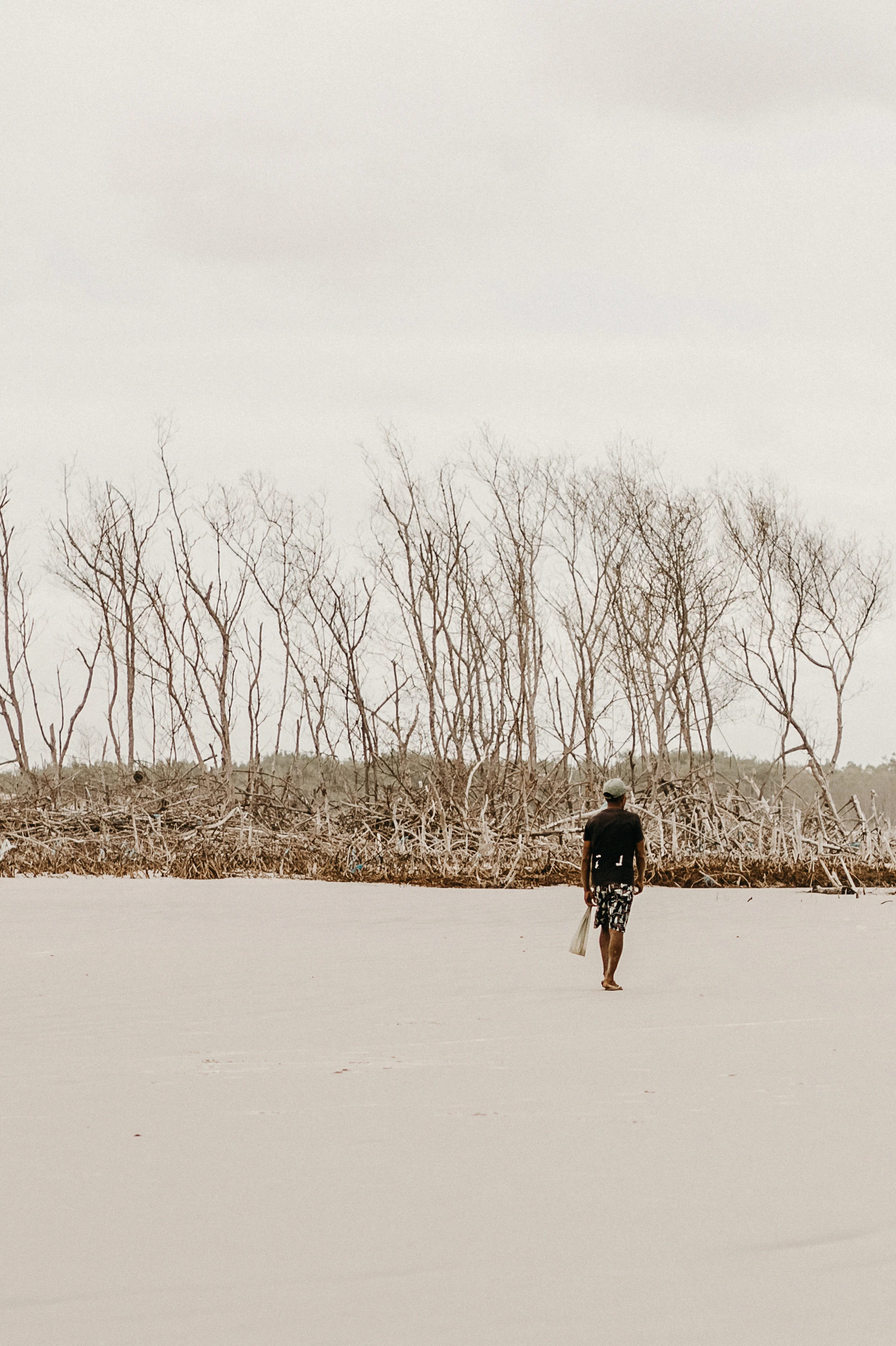 A minimalist scene showing the old old man’s bare feet walking across a sunlit sandy path, leaving no footprints behind.