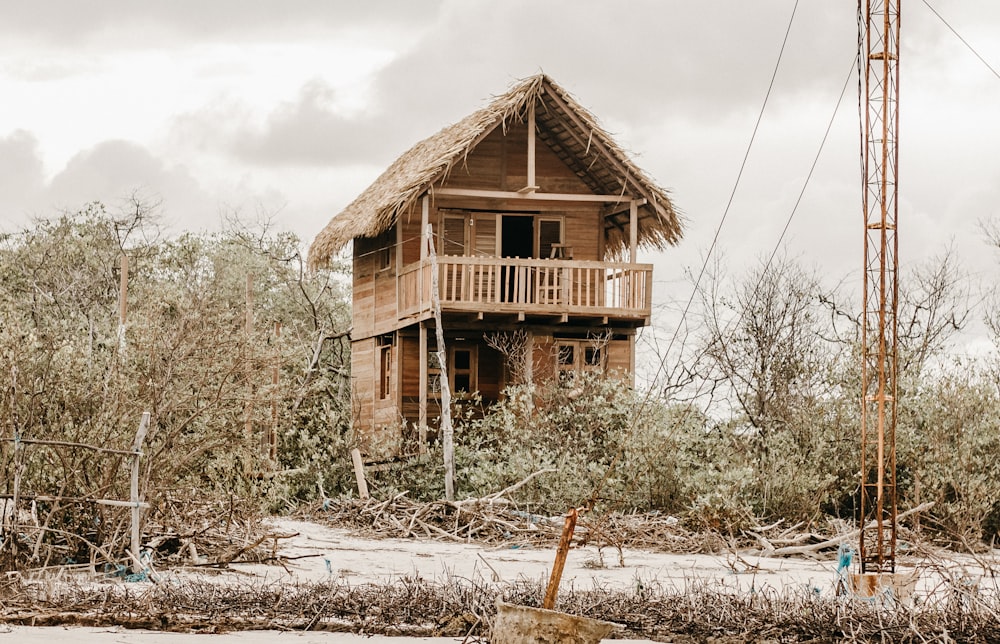 a wooden house with a thatched roof