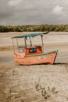 A small, vibrant orange wooden boat is resting on a sandy shore. The boat has blue accents and a weathered appearance, with a simple canopy structure on top. The words 'Vou Com Deus' are painted on the side. Sparse vegetation grows in the sand, and a dense line of trees is visible in the background under a cloudy sky.