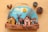 A handcrafted wooden decoration featuring a small village scene with colorful houses, bare trees, and a windmill against a painted blue sky with clouds and a bright sun. Pinecones and acorns are arranged around the decoration, adding a natural element to the scene.