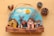 A handcrafted wooden decoration featuring a small village scene with colorful houses, bare trees, and a windmill against a painted blue sky with clouds and a bright sun. Pinecones and acorns are arranged around the decoration, adding a natural element to the scene.
