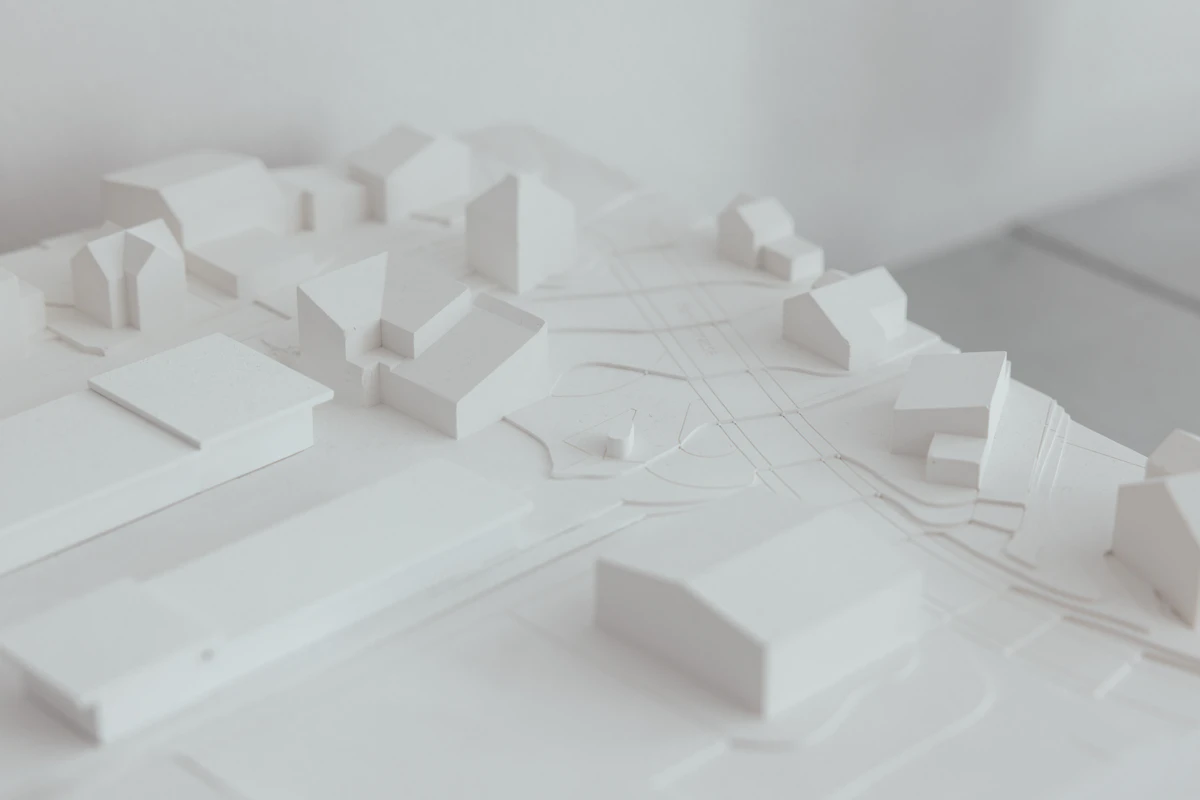 Scale model of a city district with buildings and streets