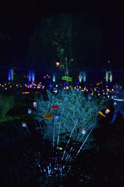 A vibrant garden scene featuring decorative stakes glowing softly at dusk