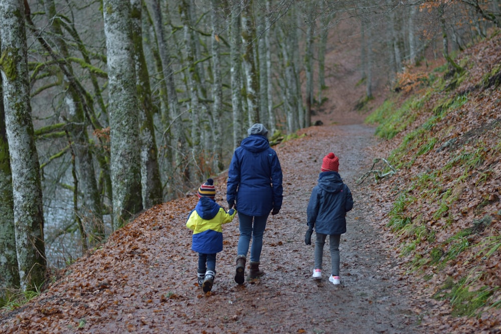 a group of people walking down a path in the woods