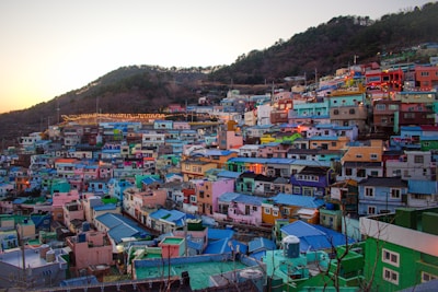 Colorful traditional houses in a mountain village of the Eje Cafetero.