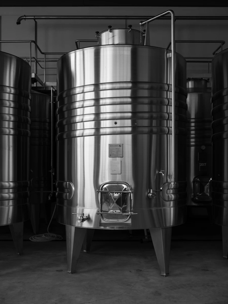Large stainless steel tank in a production room