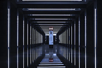 Futuristic hospital corridor with glowing safety indicators highlighting protective zones.