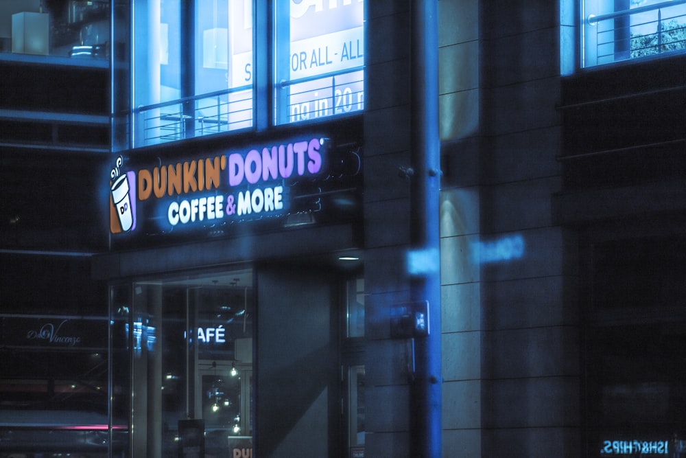 a dunkin'donuts coffee store at night