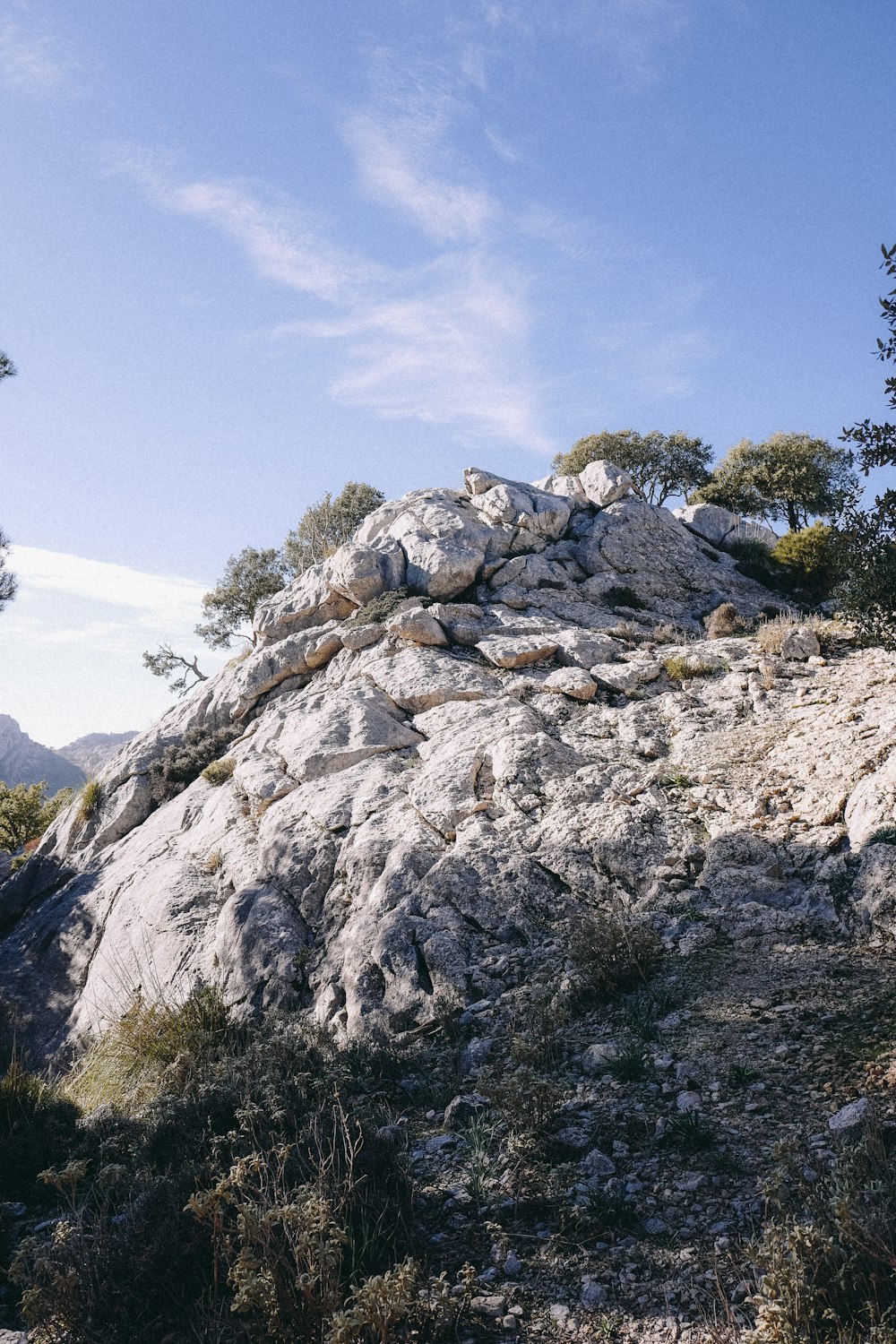 a rocky mountain with trees on top of it