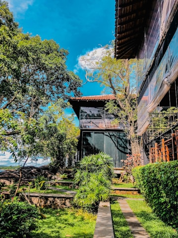 A sleek modern building with large glass windows surrounded by lush greenery under a clear blue sky.