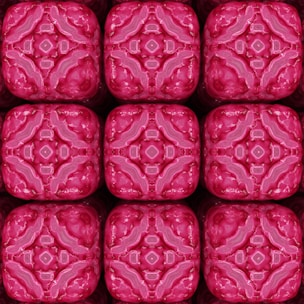 A pattern consisting of nine symmetrical, rounded square shapes arranged in a grid layout. Each square features intricate geometric designs with a glossy texture, predominantly in shades of pink and hints of red. The design appears three-dimensional with reflective surfaces.