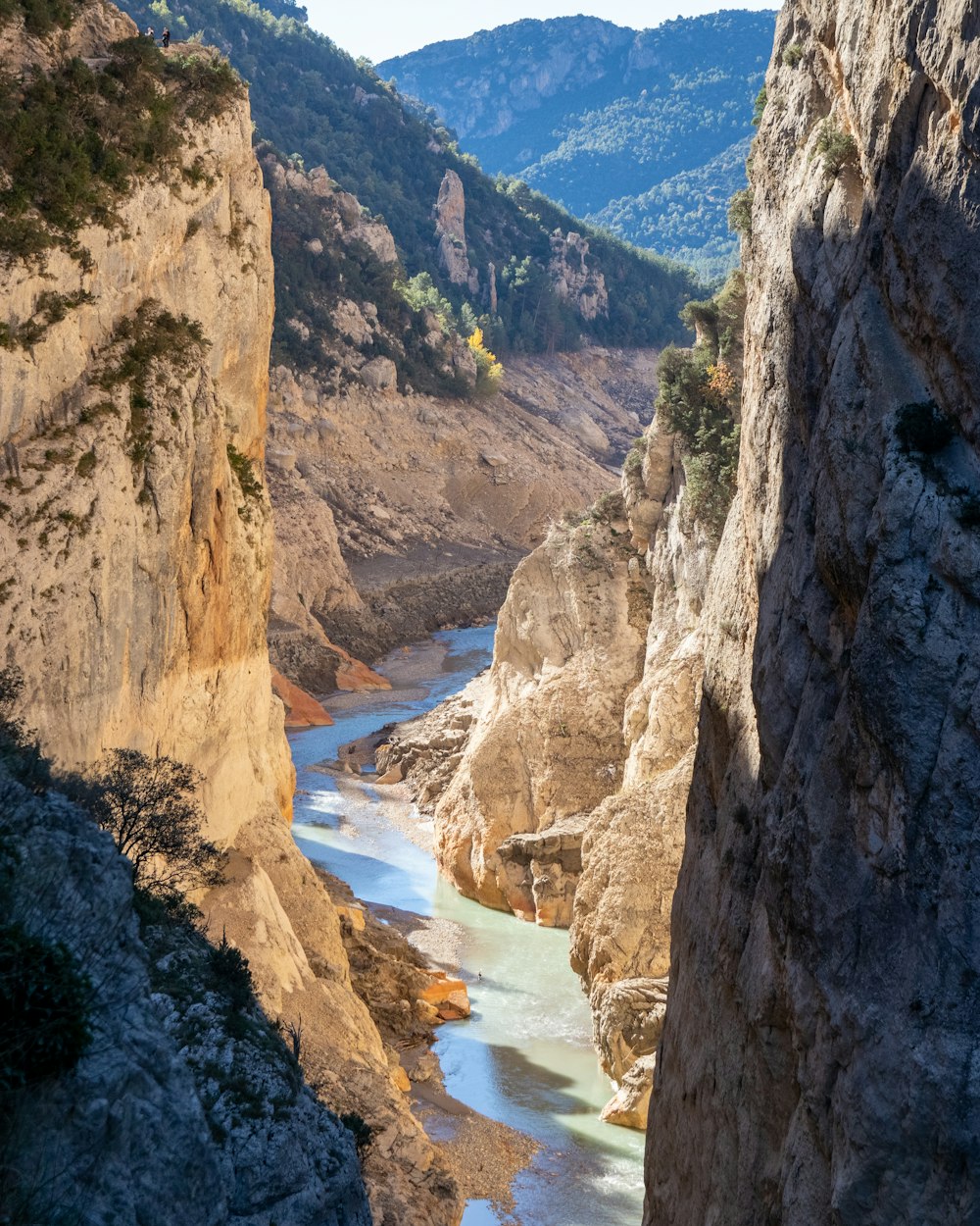 a river flowing through a canyon surrounded by mountains