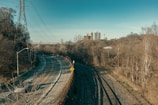 A curving road with a few cars runs parallel to train tracks, set against a backdrop of trees and utility poles. In the distance, tall buildings rise above the landscape. The area appears to be an urban edge, transitioning from a wooded setting to a city environment.