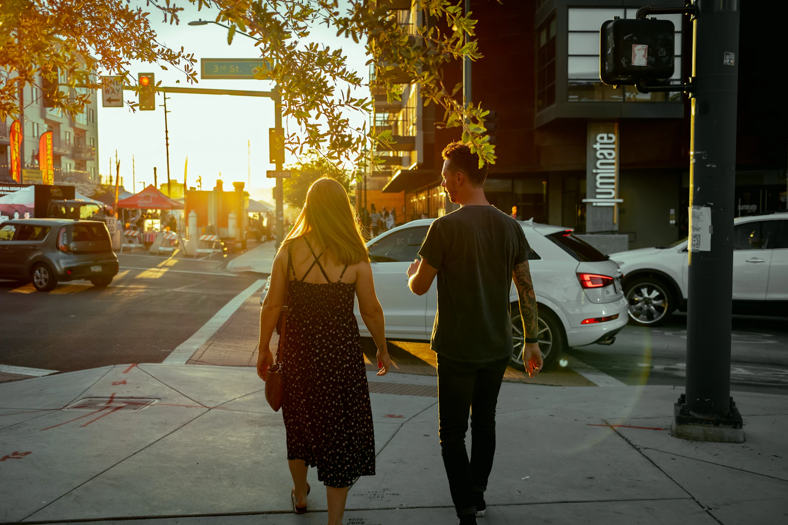 A couple walking together on a city date