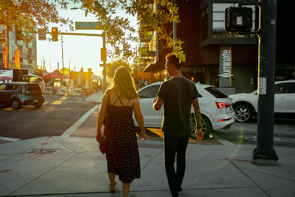 A couple walking together on a city date
