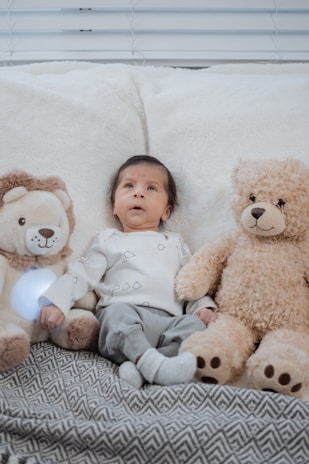 A baby is lying down between two stuffed animals, a lion on the left and a bear on the right. The baby is wearing a light-colored onesie with small designs and gray pants. The stuffed animals are soft and cuddly, with the lion having a small light near its paw. They are all on a cushioned surface with a patterned blanket.