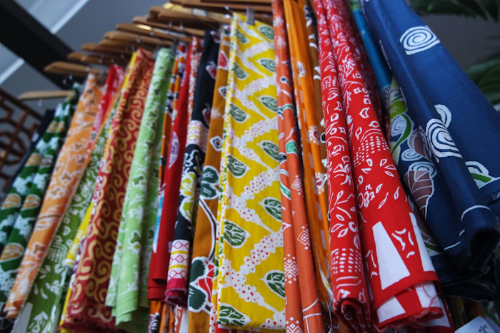Colorful batik fabric pieces on display