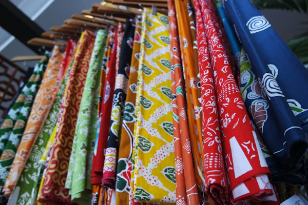 Colorful batik fabric pieces on display