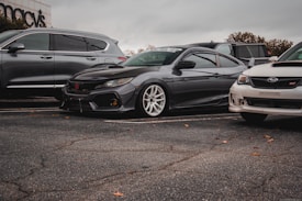 Several cars are parked in a lot, including a modified black car with white wheels, a silver SUV, and a white car with a hood scoop. The ground is paved and scattered with a few small leaves, while the sky above is overcast.