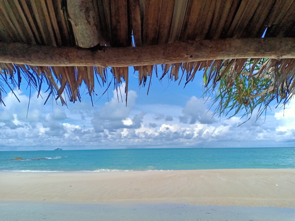 a view of a beach from under a hut