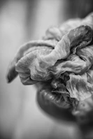 Close-up of textured fabric folds in monochrome tones, emphasizing detail.