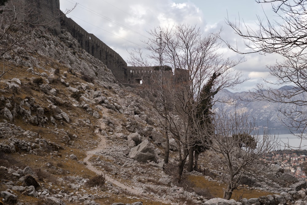 a rocky hill with a castle on top of it