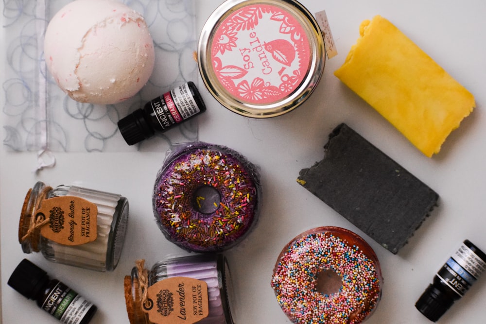 a table topped with different types of donuts