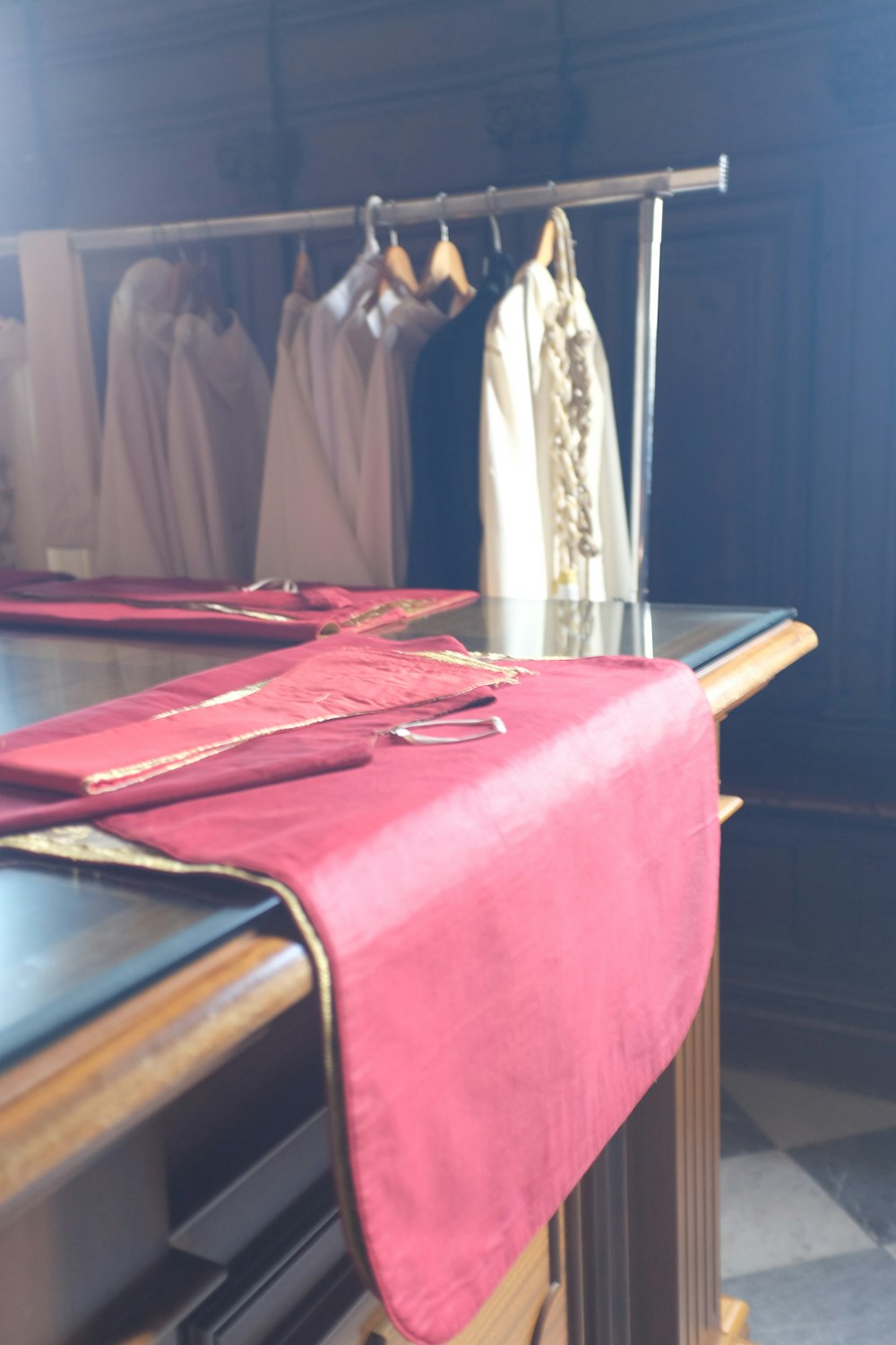 a table with a red cloth on top of it