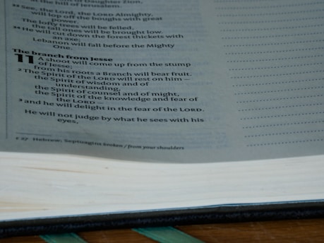 A close-up view of an open Bible page showing text with a focus on the passage titled 'The branch from Jesse', referencing Isaiah 11. The text is in two columns and presented in black print on white paper, with dotted lines in the margin.