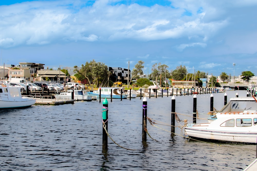 several boats docked at a marina on a cloudy day