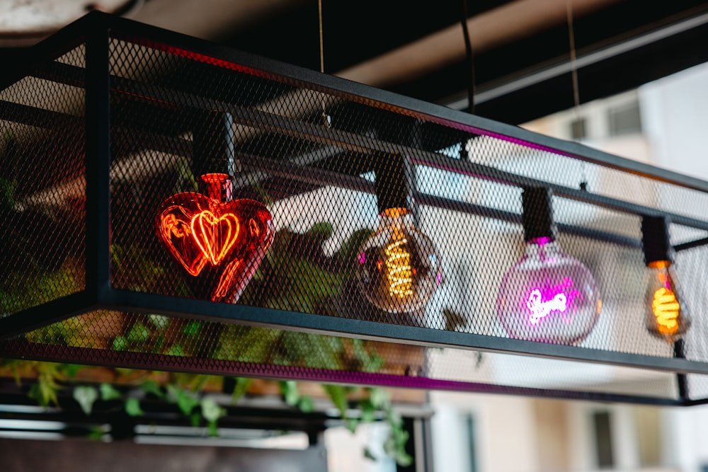 a group of lights hanging from a ceiling