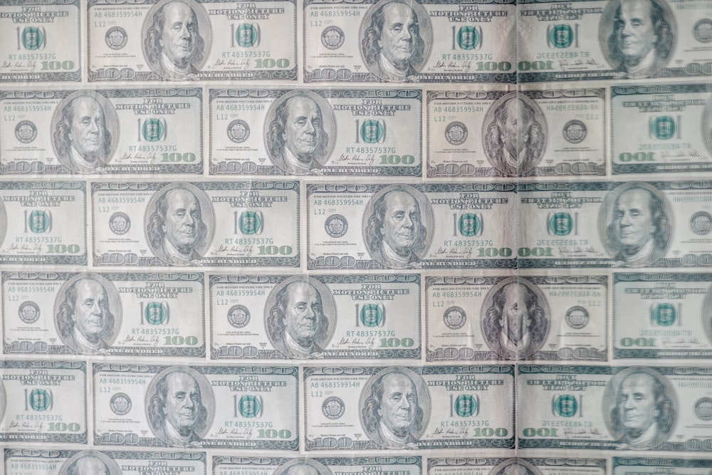 a wall of twenty dollar bills is shown